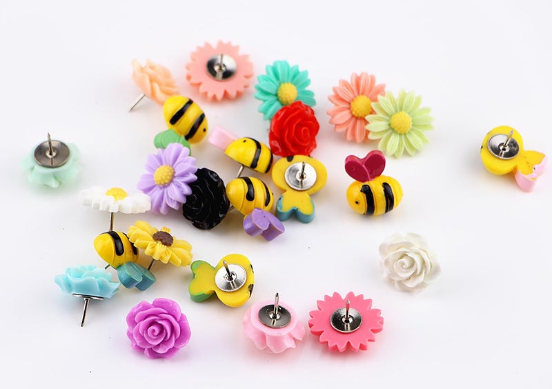 Yalis 24 Pcs Decorative Thumbtacks Colorful Floret and Bees Pushpins for Feature Wall, Whiteboard, Corkboard, Photo Wall - Image 2